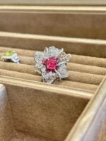 1.5ct Natural Untreated Vivid Red Ruby 18K Gold Diamond-Studded 3D Floral Jewelry