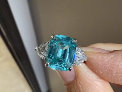 6.75-Carat Cushion-Cut Tourmaline Ring: 14K White Gold Setting with 1.5CT Heart-Shaped Lab-Grown Diamonds